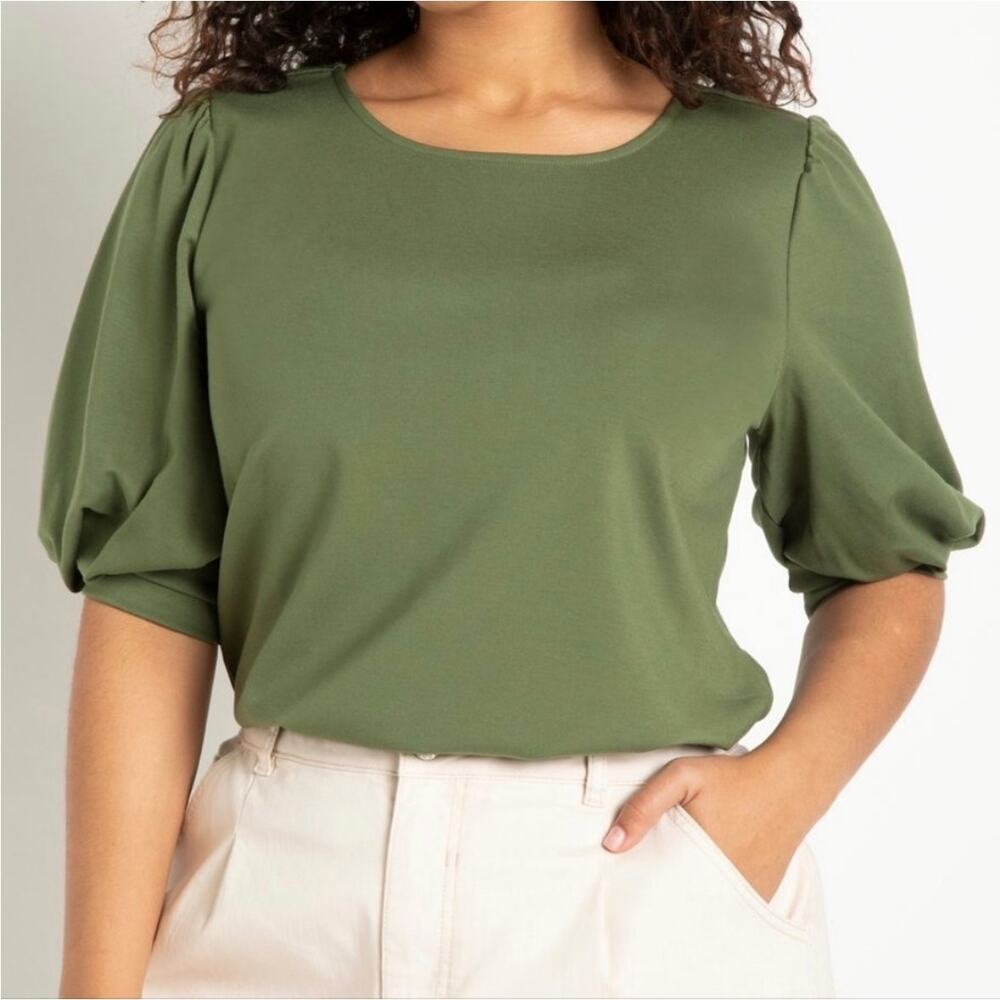 Eloquii Plus 22 Boxy Top Blouse Olive Green Rayon Blend Crew Neck Puff Sleeve